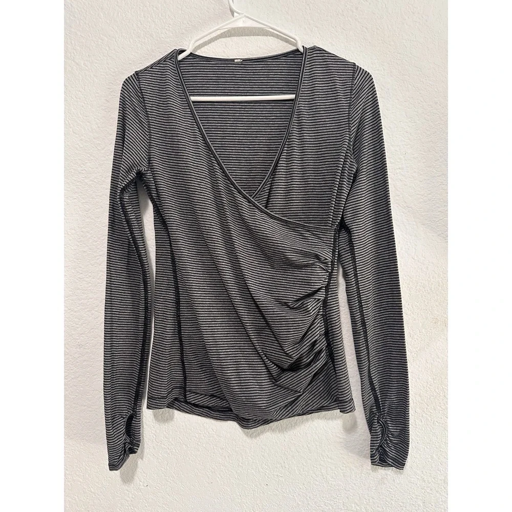 Lululemon  Sunset Salutation Long Sleeve Top Gray Stripe Faux Wrap V Neck